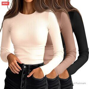 3 Pack Ribbed Long Sleeve Crew Neck Slim Fit Tees Rayon Spandex